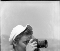 double exposure, ghost, sexy woman working w NIKON photo camera, vintage fine