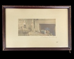Wallace Nutting (1861-1941) Hand Colored Photograph Woman Knitting by Fireplace