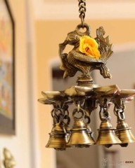 Lovely Brass Ornate Hanging Peacock Diya with Bells Exclusive Gift Home Decor