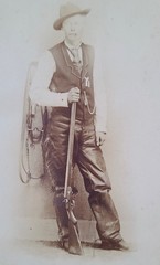 Vtg c. 1910s Photograph Man with Rifle Gun Leather Fringe Chaps Scheiss Family
