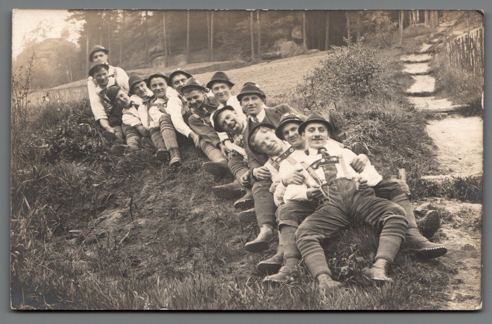 Photo postcard group of men in costume hiking trip humor Vintage B2294