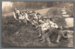 Photo postcard group of men in costume hiking trip humor Vintage B2294