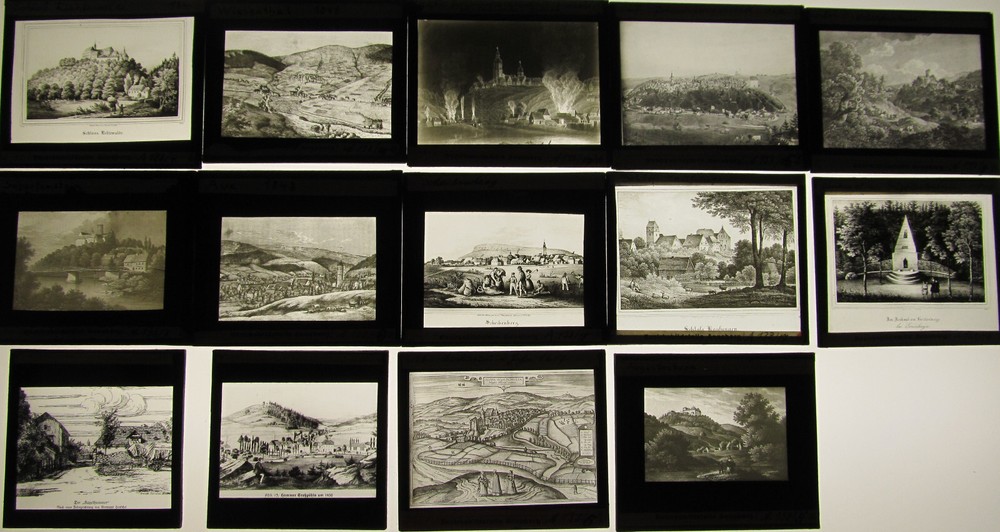 Erzgebirge cities after old engravings Annaberg etc. 14 historical glass pictures