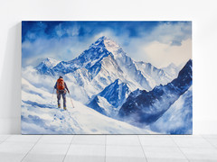 Mount Everest Climber Watercolor Painting, Snowy Summit Adventure Wall Art Print
