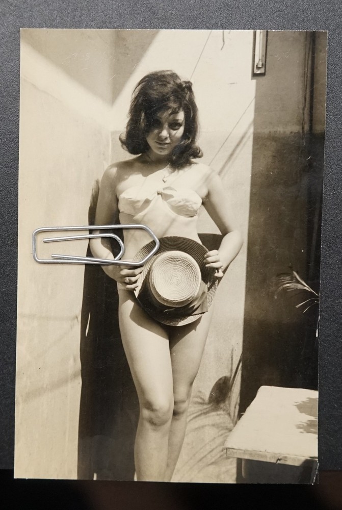 Photo Portrait Young Woman Teen Bikini Swimwear Hat Art Picture Vintage Old