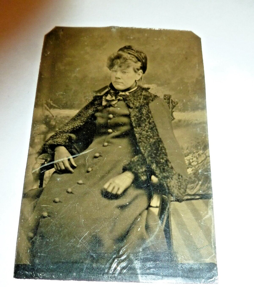 Antique Tin Type Photo a Lady in Curly Lamb Cape Coat & Hat