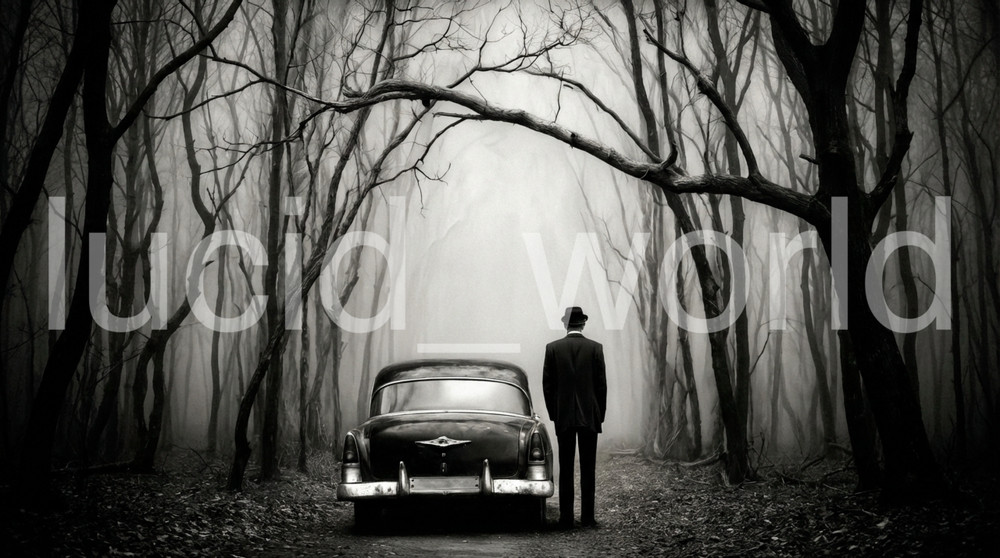 Vintage Noir Digital Art File Creepy Foggy Woods Classic Car Man in Hat Poster