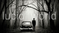 Vintage Noir Digital Art File Creepy Foggy Woods Classic Car Man in Hat Poster