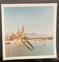 Photo View 1966 Sitges Spain Church Beach Boat Vintage Mountains Color Picture Old