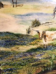 State Of texas Shaped Homestead And bluebonnets Painting On Wood / Signed