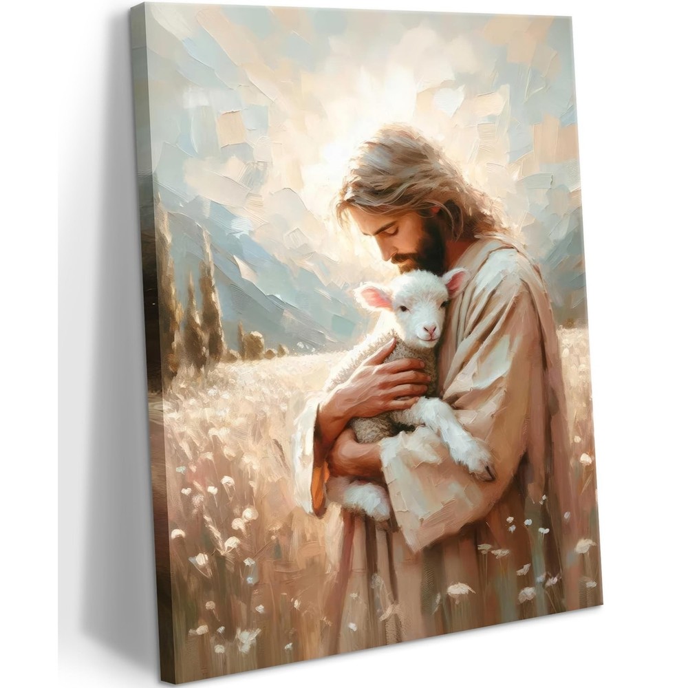 Jesus and Lamb Canvas Wall Art Christian Jesus the Good Shepherd Painting pic…