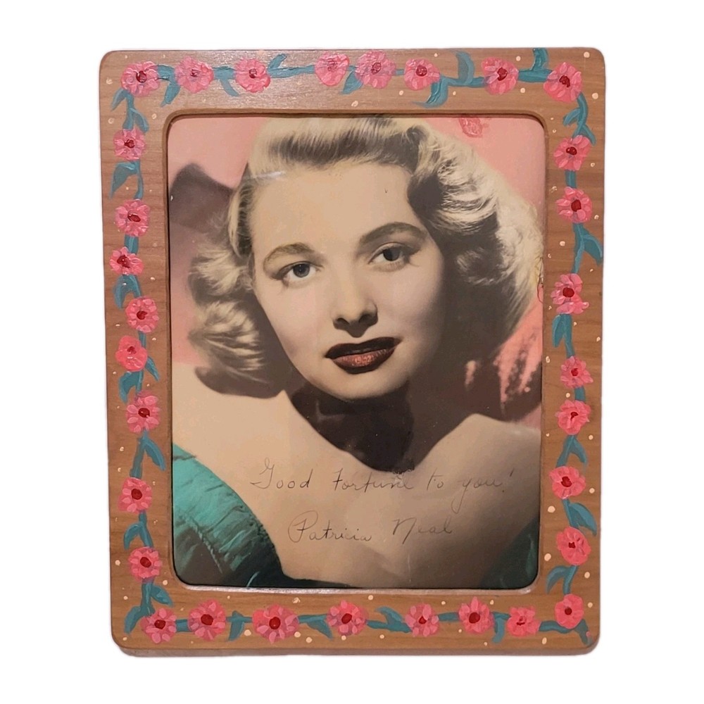 Painted Female Portrait Of Actress Patricia Neal In Painted Frame Vintage Pink
