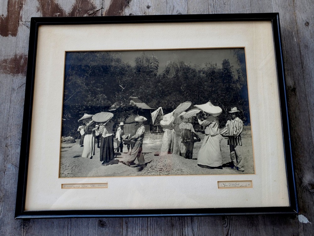 Exceptional 1958 MCM Midcentury Framed Photo Winnowing Rice Philippines SIGNED