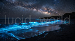 Bioluminescent Ocean Waves Digital Art Milky Way Galaxy Night Beach Poster File