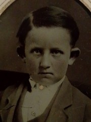 Antique 1870s Tin Type Photo Young Boy Child Big Ears Unique Stare Creepy Victo
