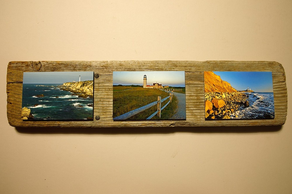 Driftwood Mounted Seascape – Point Arena, Highland and Montauk Point Lighthouses