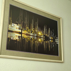Matted & Framed Color Landscape Photograph – Nautical Harbor Marina Boats Night