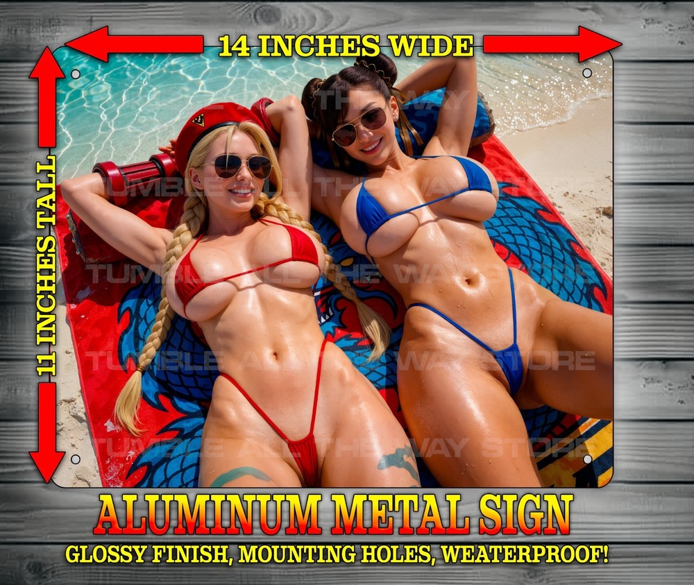 Sexy Cammy White and Chun Li Sun Bathing with Bikini Metal Sign Wall Art 14×11
