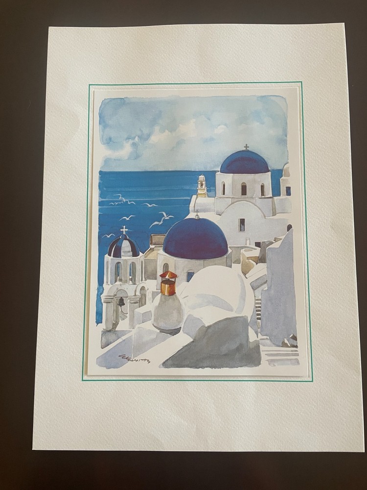 Watercolor Art Print, Stylized Village of Oia, Santorini, Greece «Hellas 2004»