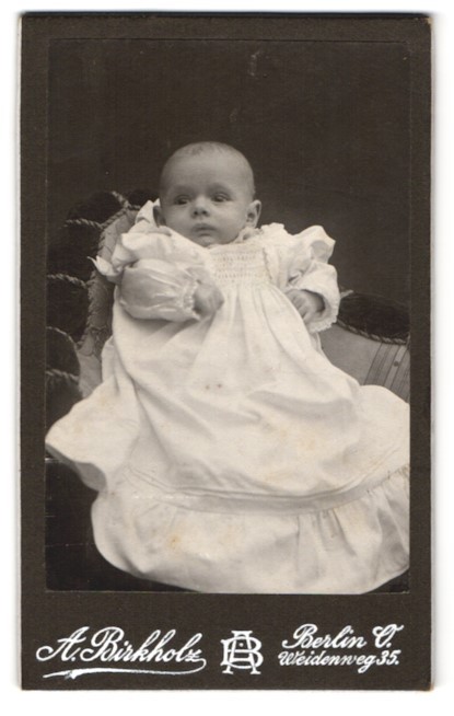 Photograph A. Birkholz, Berlin, Weidenweg 35, cute baby in white dress s