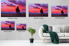 Cowboy on Horseback Sunset Art, Western Ranch Painting, Rustic Country Canvas
