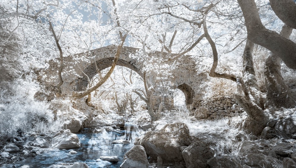 Vytina, old stone bridge in infrared