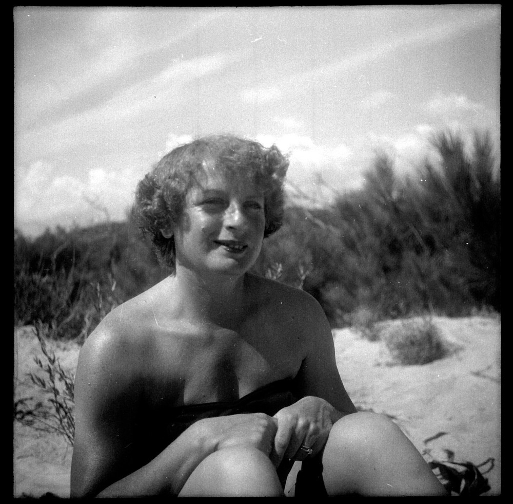 Woman Sitting On Beach Swimsuit Negative Photo Vintage + Original Print Year 1950