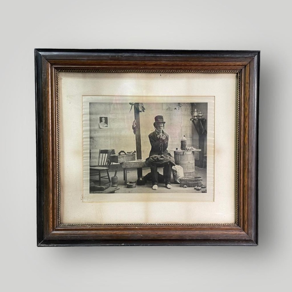 Antique Framed Photograph Black & White on Silk Framed Tramp Mending Coat