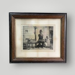 Antique Framed Photograph Black & White on Silk Framed Tramp Mending Coat