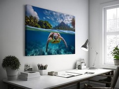 Sea Turtle Photo, Hawaiian Islands Art, Turtle Swimming in Ocean HD Photography