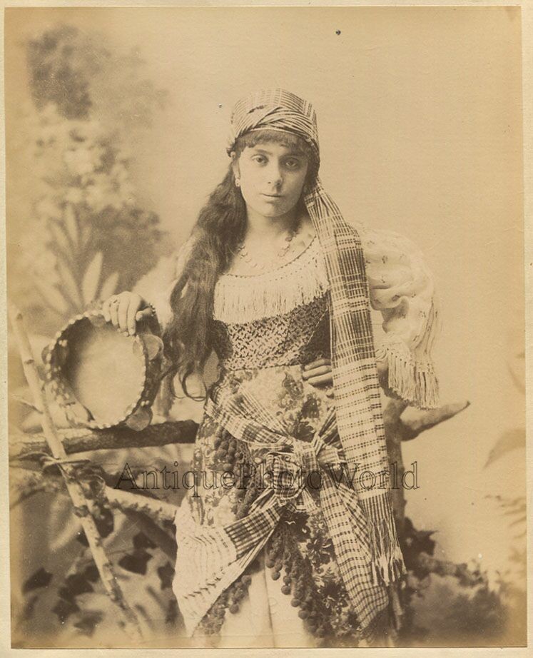 Syria beautiful woman dancer with tambourine antique albumen art photo