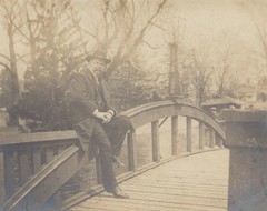 Well Dressed Man, Possibly a Grandpa, on Bridge. Mounted Albumen Print.
