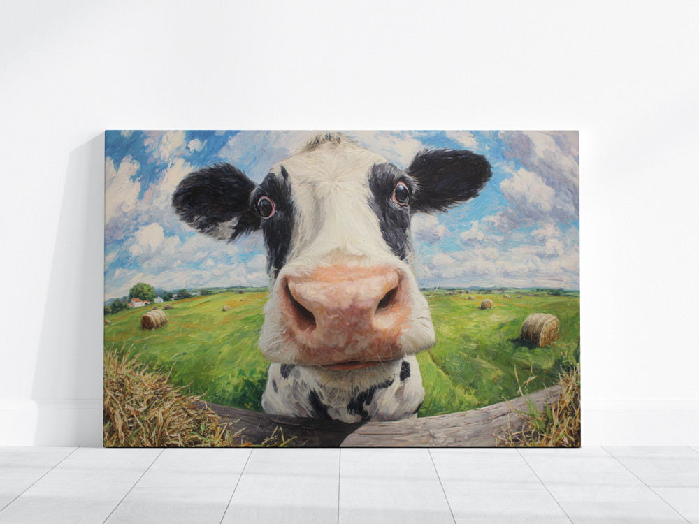 Funny Cow Wall Art, Playful Farmhouse Canvas, Animal Painting, Rustic Kitchen