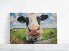 Funny Cow Wall Art, Playful Farmhouse Canvas, Animal Painting, Rustic Kitchen
