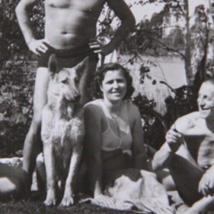 Photo 1948 camp at Devil’s Lake woman bra dog dog man swimming trunks vintage I10