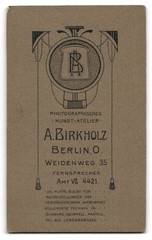Photograph A. Birkholz, Berlin, Weidenweg 35, cute baby in white dress s