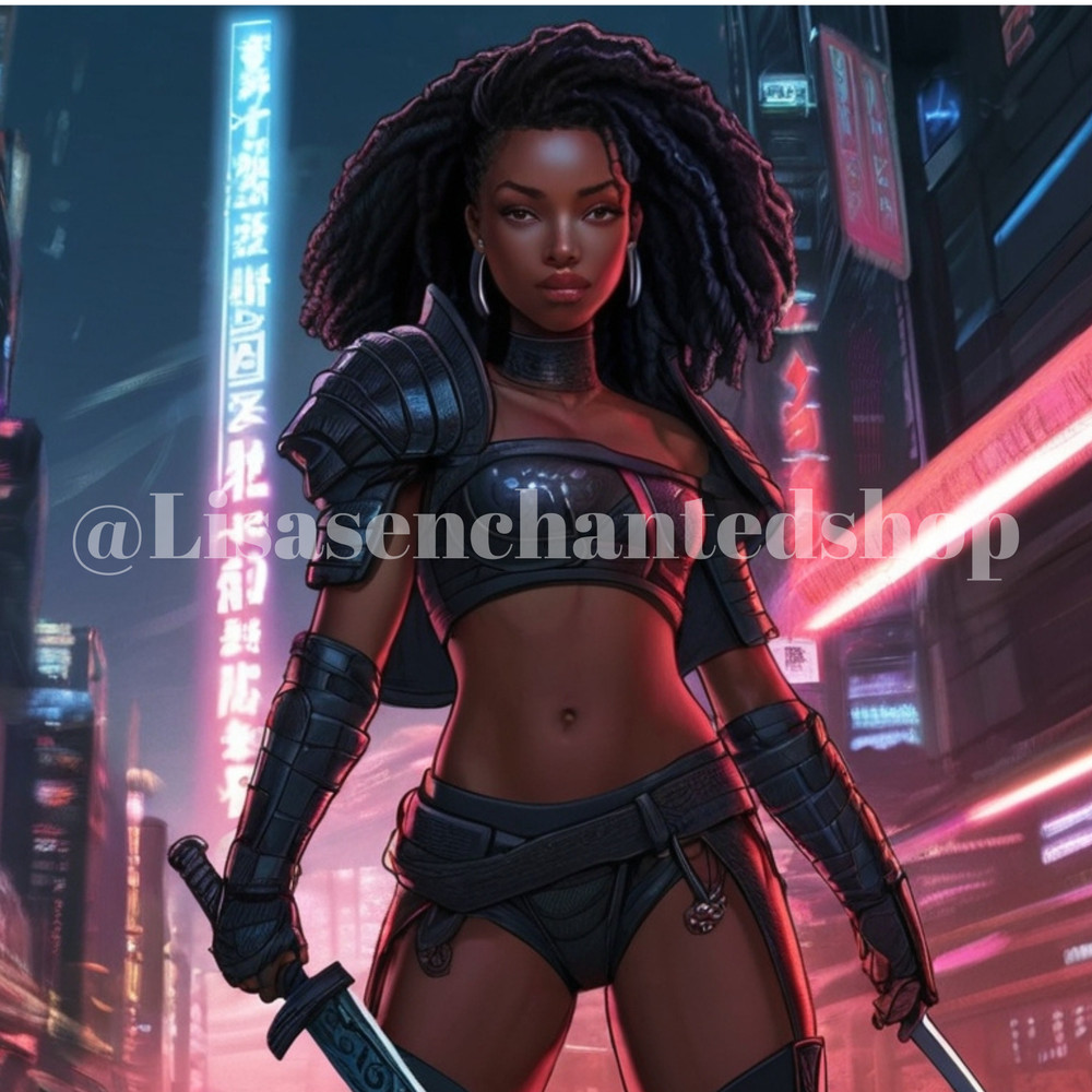 Digital Image Desktop Wallpaper AI Art – Black Swordswoman in Futuristic City