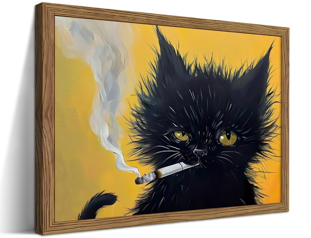Vintage Framed Black Cat Wall Art, Black Cat Painting Portrait Wall Decor, Me…