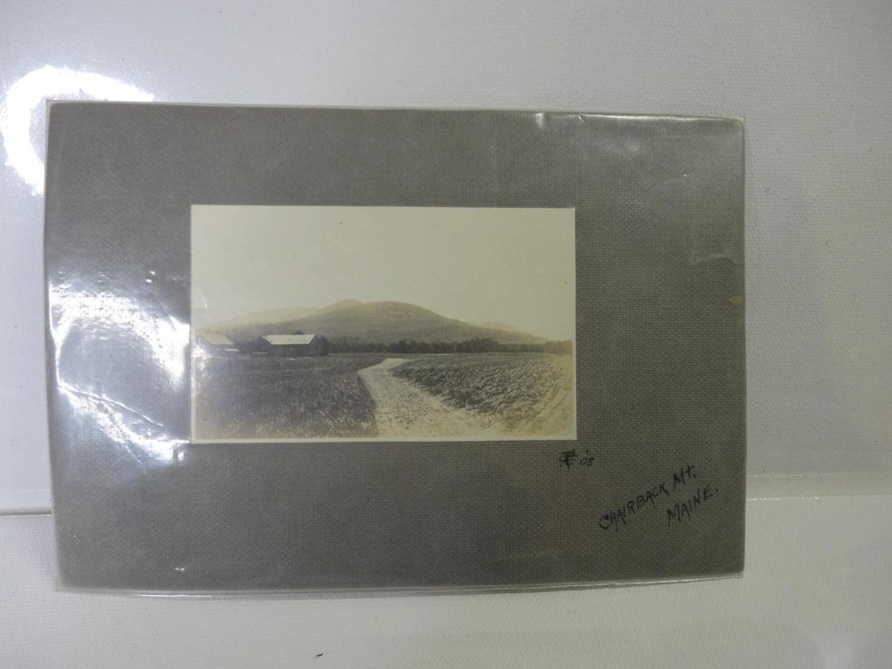 Real B/W 1908 Photo Matted Chairback Mountain Maine Farm & fields in Foreground.