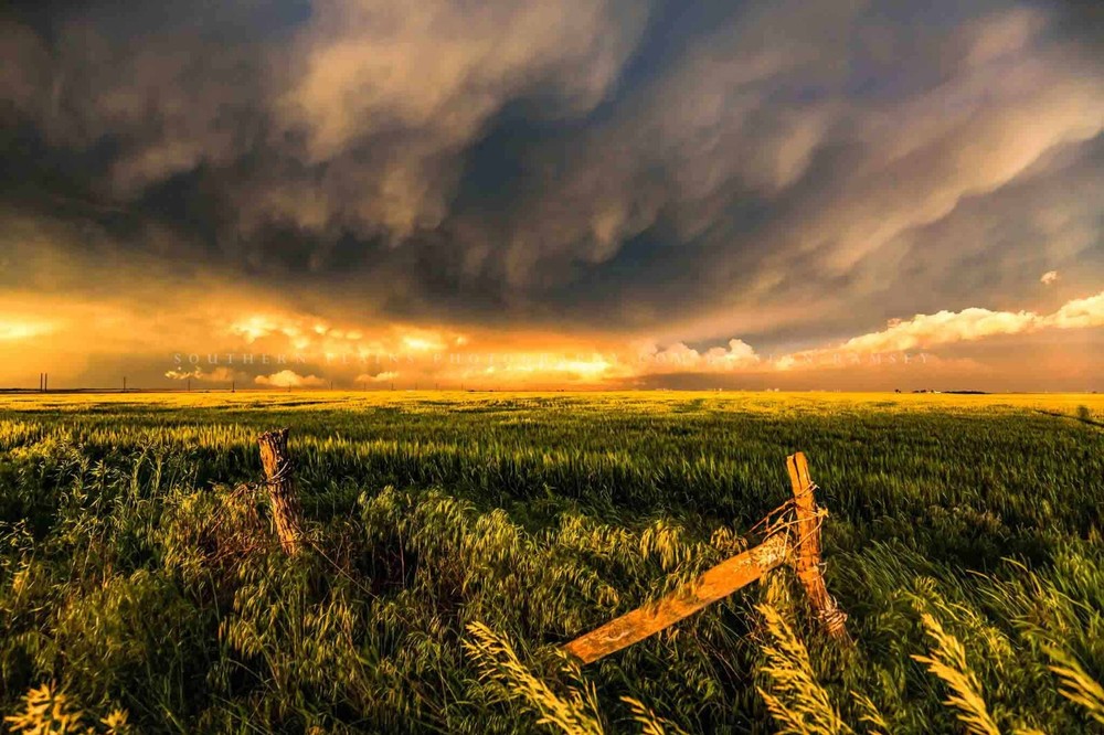 Stormy Sky Over Field and Fence Posts Kansas Country Farm Photography Print
