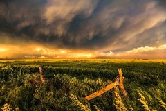 Stormy Sky Over Field and Fence Posts Kansas Country Farm Photography Print