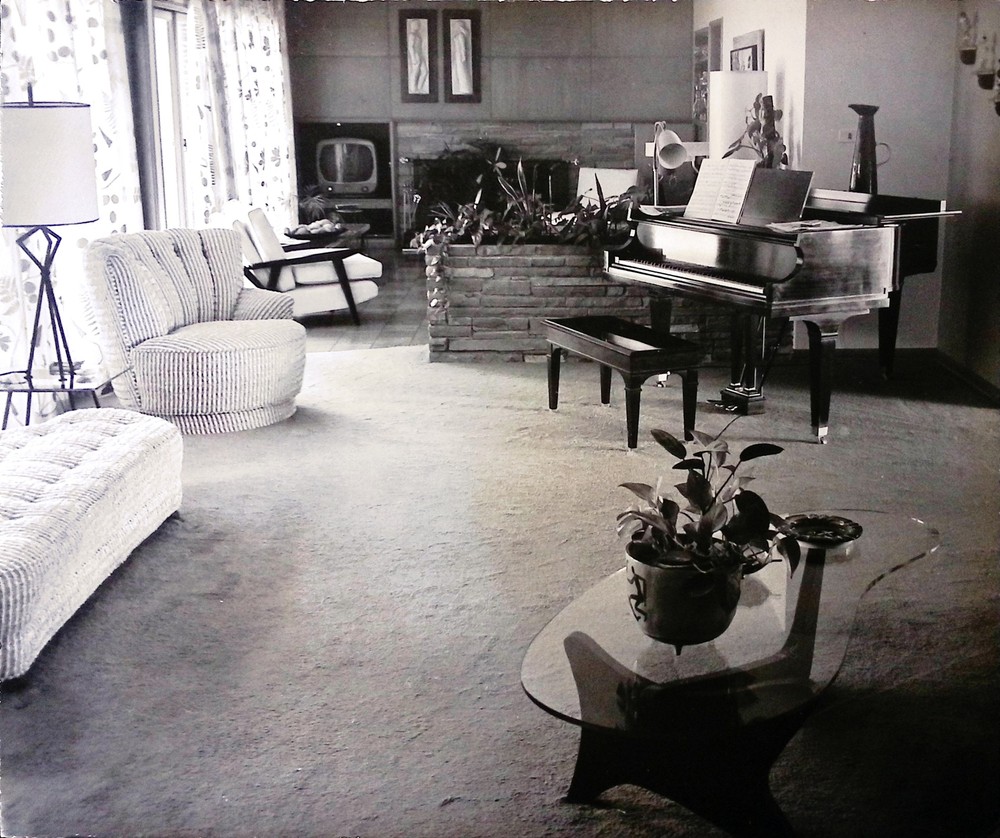Vintage Art Board Photograph MidCentury Living Room with Grand Piano and TV