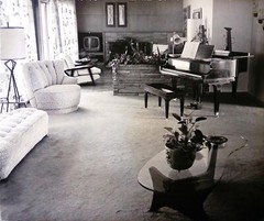 Vintage Art Board Photograph MidCentury Living Room with Grand Piano and TV