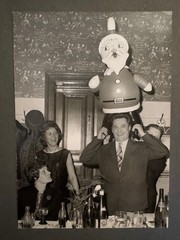 Genuine B/W Photo 1960s – Man with Inflatable Santa Claus on His Head – Whimsical!