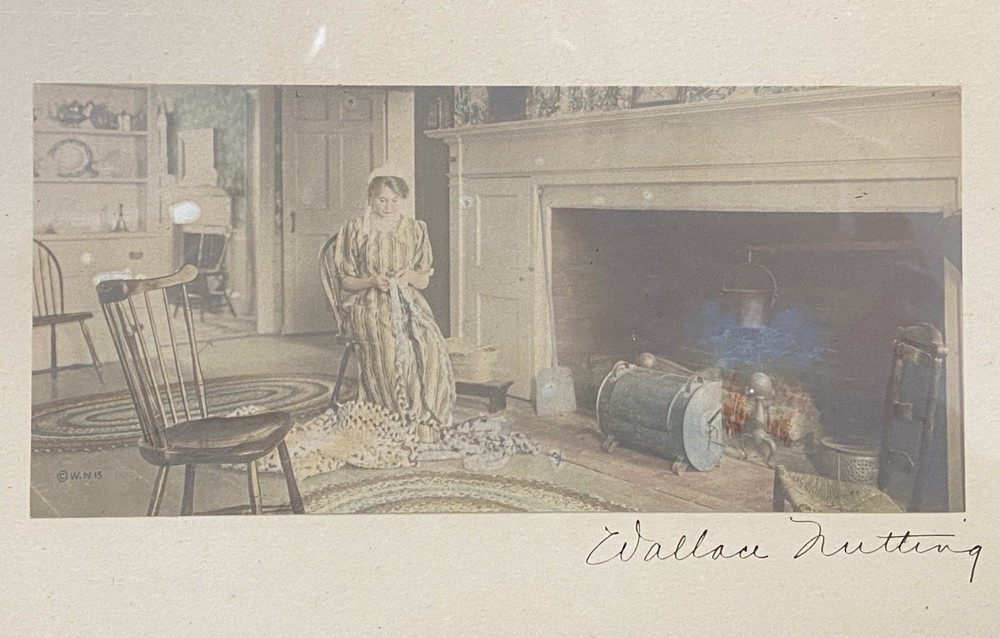 Wallace Nutting (1861-1941) Hand Colored Photograph Woman Knitting by Fireplace