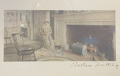 Wallace Nutting (1861-1941) Hand Colored Photograph Woman Knitting by Fireplace