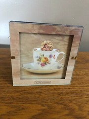 ANNE GEDDES BABY IN A TEACUP PICTURE FRAME 5×5″ & CHEESECAKE STATIONERY ~ 1995 ~