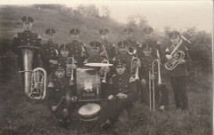 Photo postcard men in uniform musicians city chapel Gräfrath Solingen 1920s