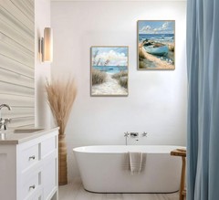 2Pcs Blue Coastal Canvas Wall Art Beach Boat Posters Prints Ocean Seawe and S…