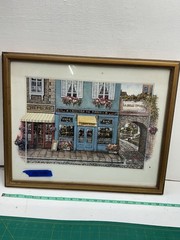 Vintage Handmade Painting of Street Scene Including Shops Visible